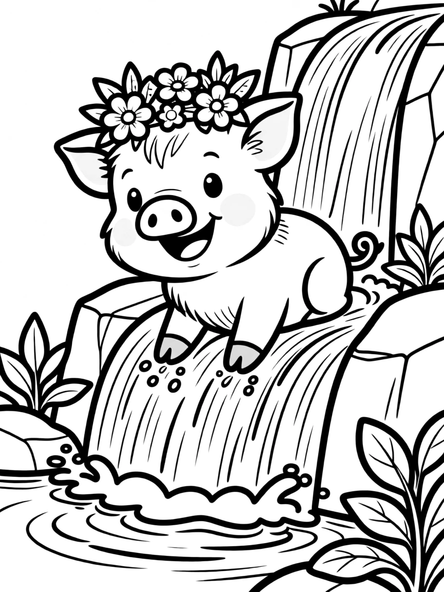 A pig wearing a tiny crown of flowers, playing in a waterfall.