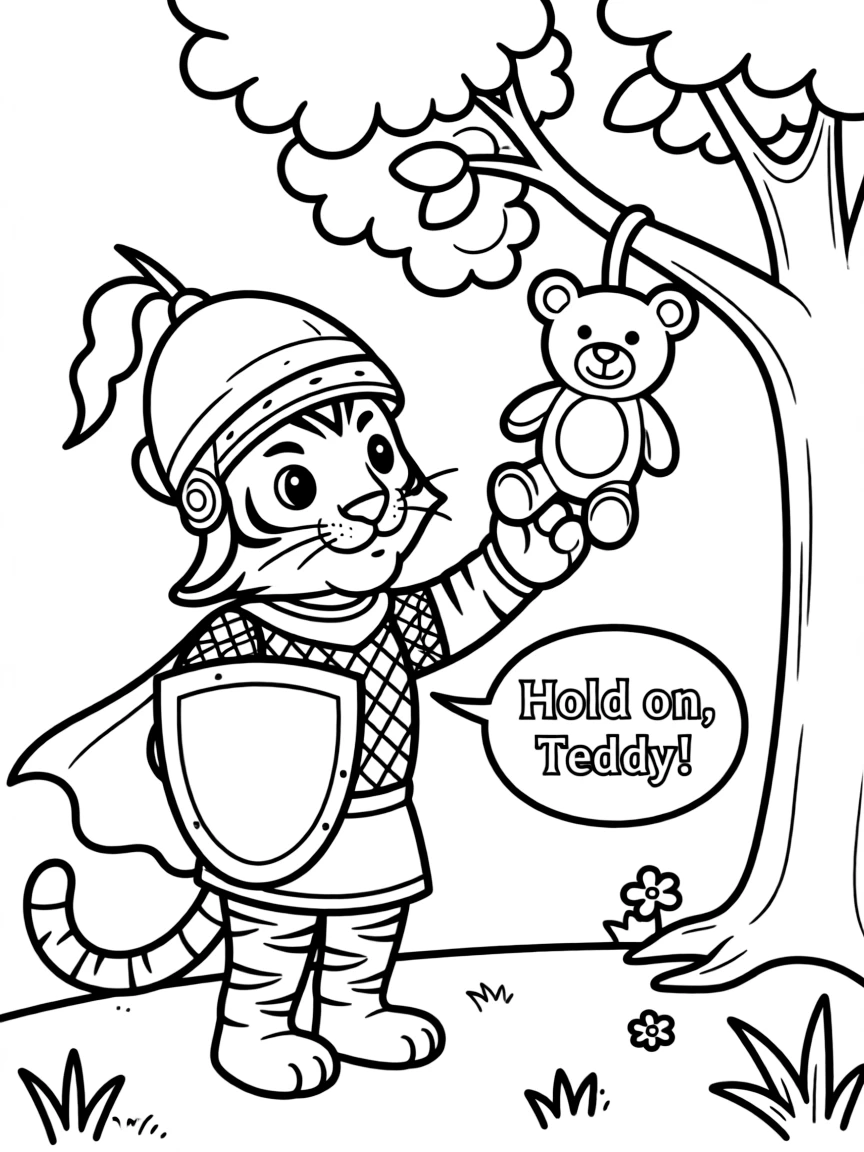 A tiger cub dressed as a knight, rescuing a toy from a tree.