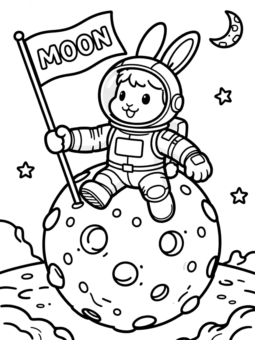 A rabbit dressed as an astronaut, planting a flag on a cheese moon.