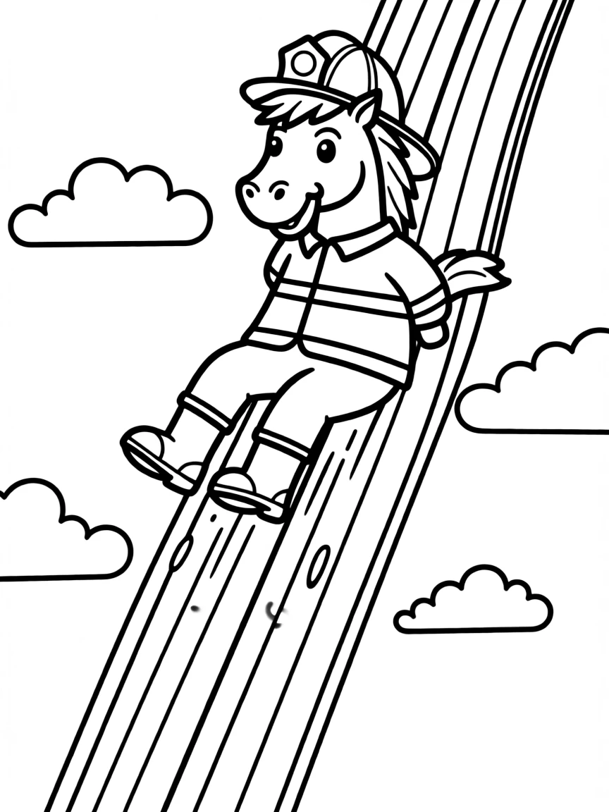 A horse dressed as a firefighter, sliding down a rainbow pole.
