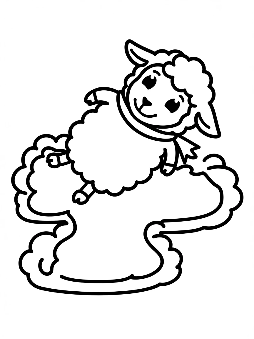 A sheep wearing a tiny scarf, making a snow angel.