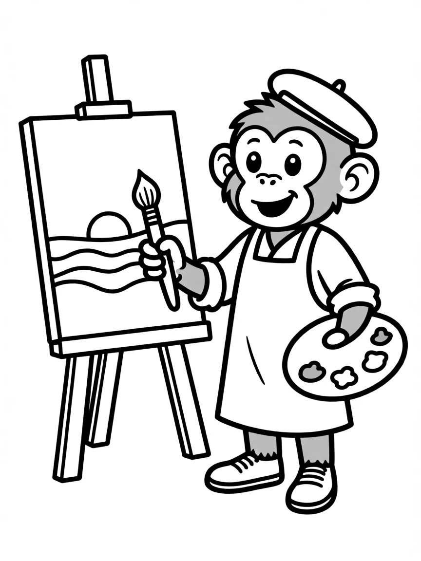 A monkey dressed as a painter, painting a sunset.