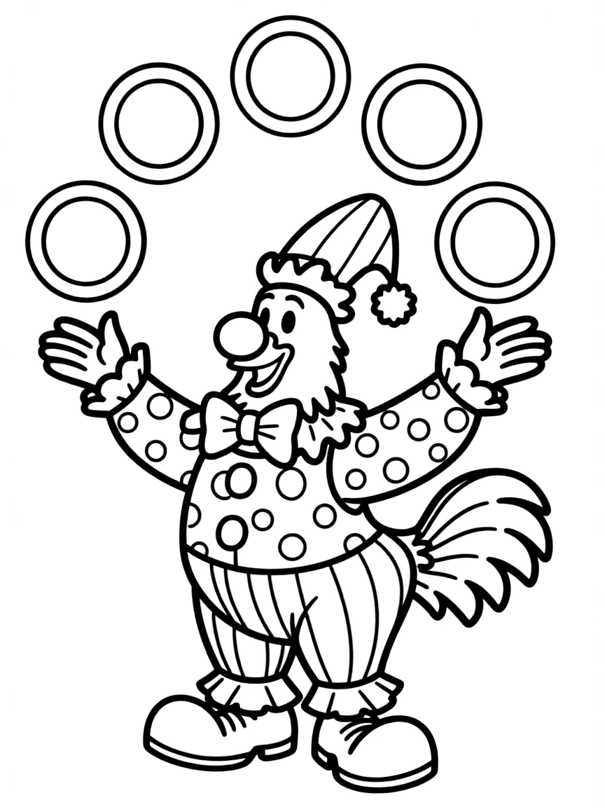 A rooster dressed as a clown, juggling colorful rings.