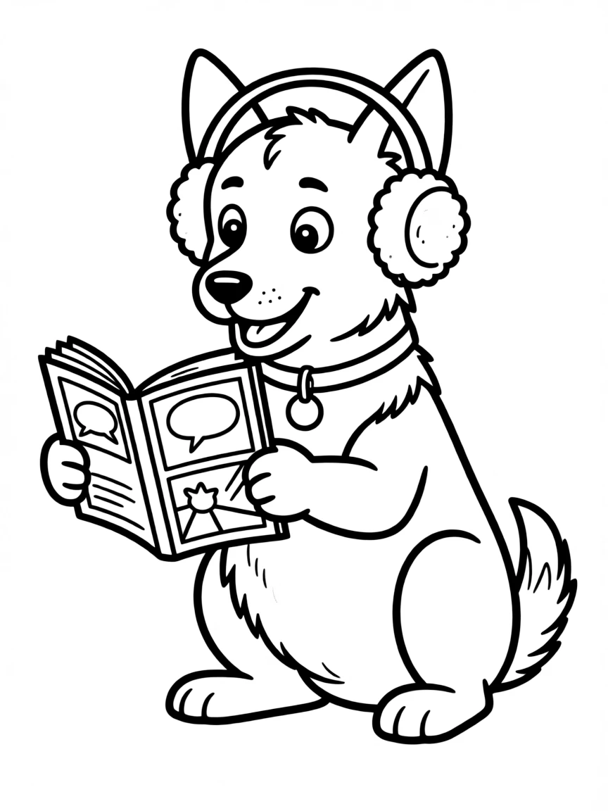 A dog wearing tiny earmuffs, reading a comic book.
