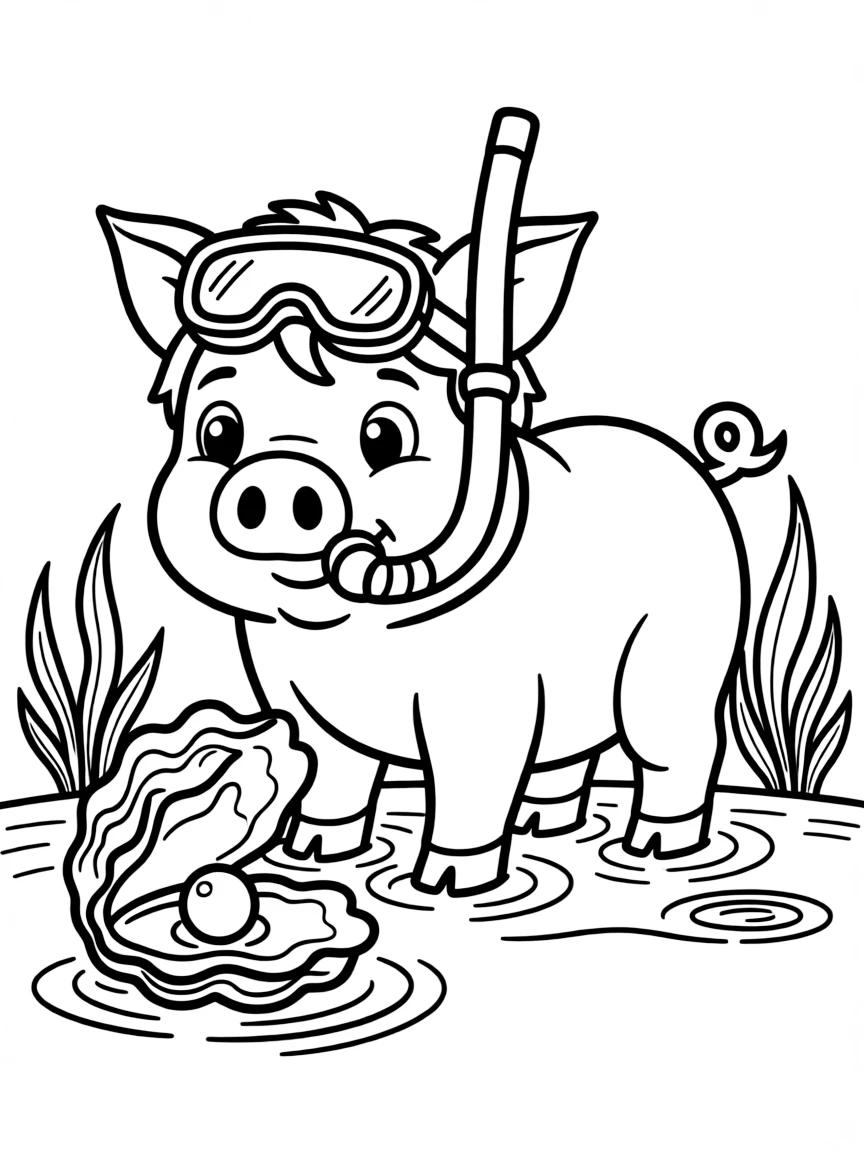 A pig wearing a tiny snorkel, finding a pearl.