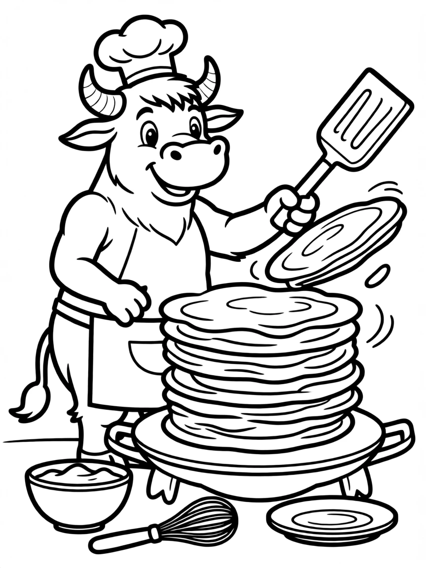 An ox wearing a tiny chef's hat, making giant pancakes.