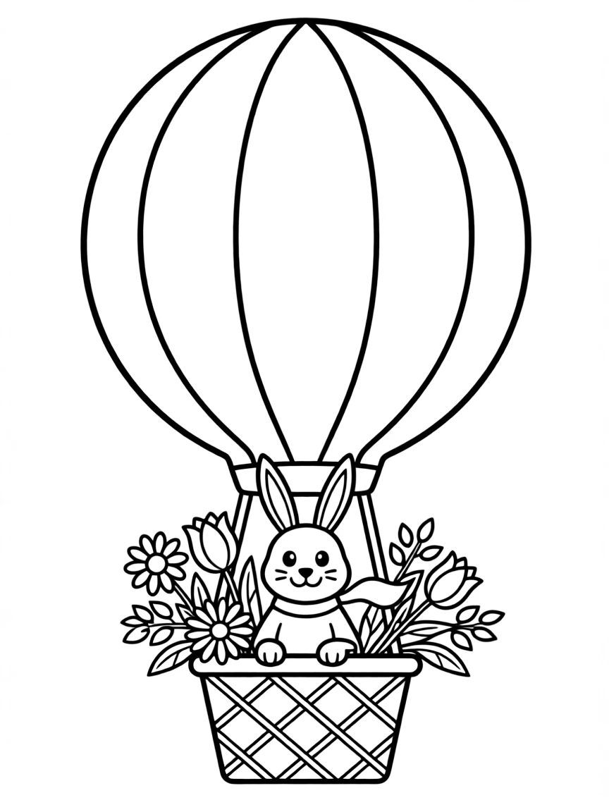 A rabbit riding a hot air balloon with a basket of flowers.
