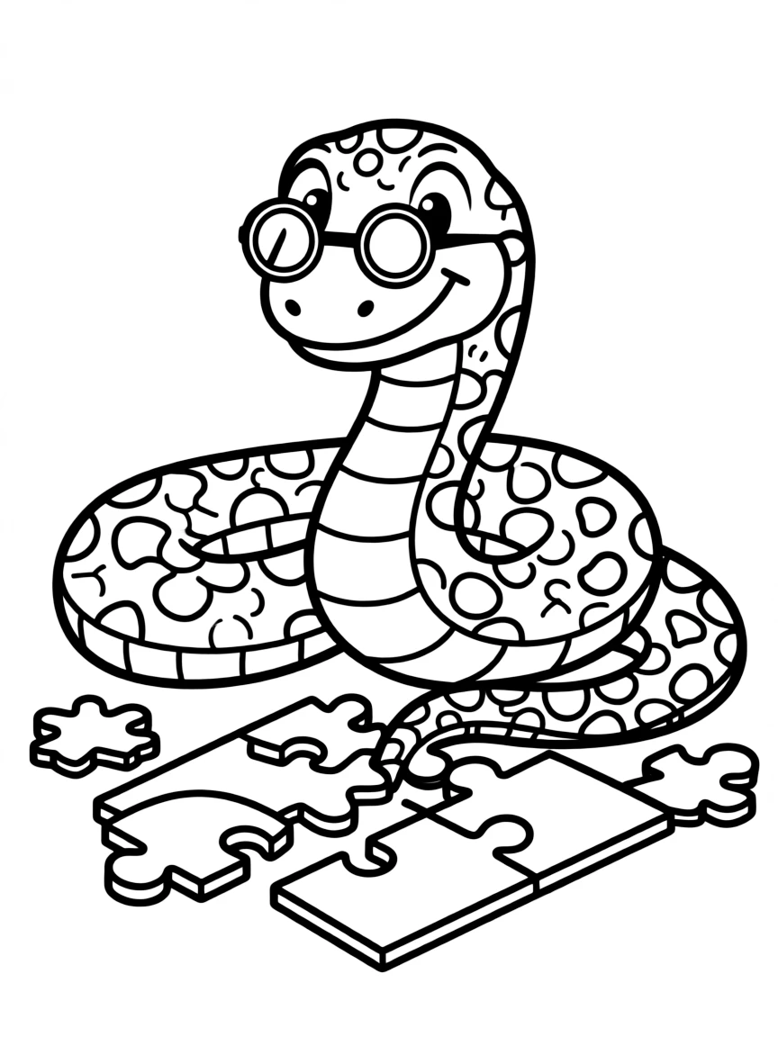 A snake wearing tiny spectacles, solving a jigsaw puzzle.