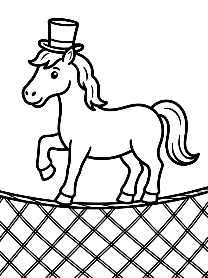 A horse wearing a tiny top hat, performing a tightrope walk.