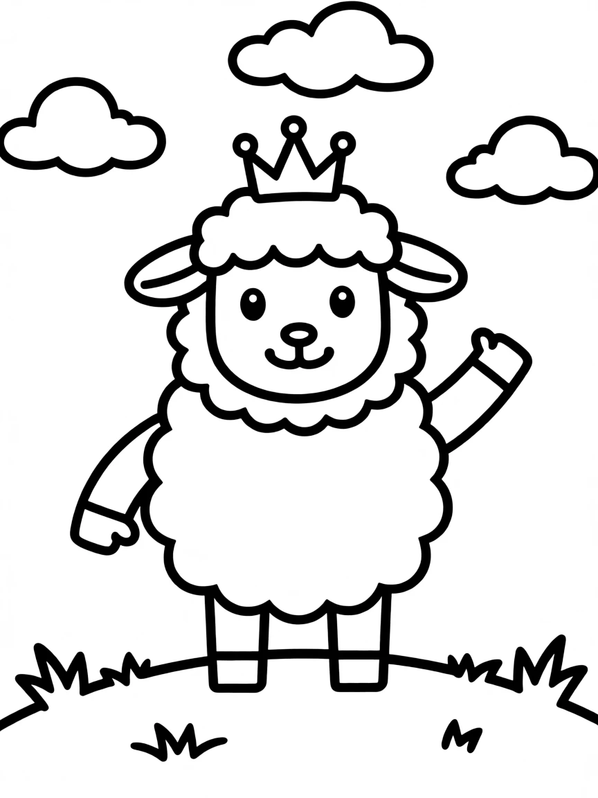 A sheep wearing a tiny crown, waving to passing clouds.