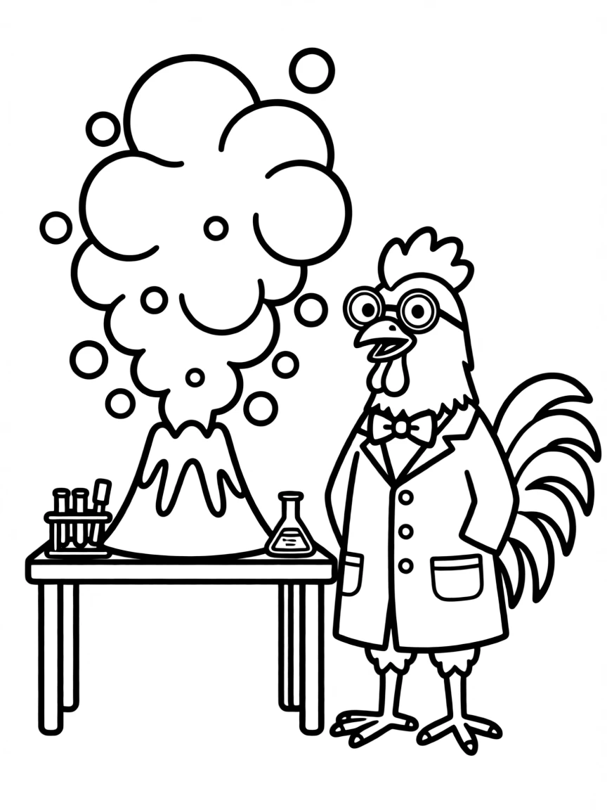 A rooster dressed as a scientist, making a volcano erupt with bubbles.