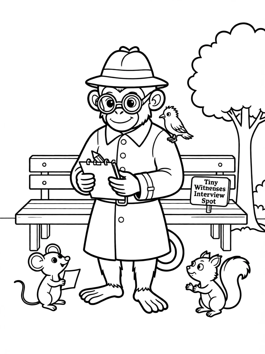 A monkey dressed as a detective, interviewing tiny witnesses.
