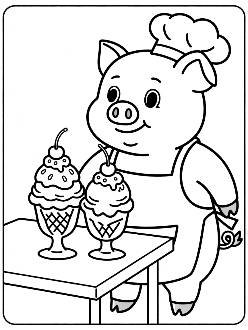 A pig wearing a tiny chef's hat, serving giant sundaes.