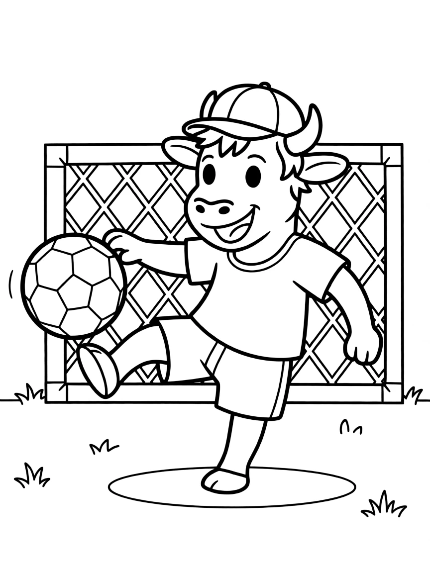 An ox wearing a tiny baseball cap, scoring a goal.