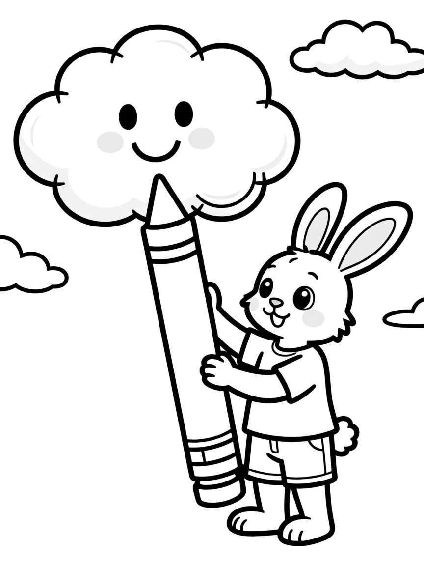 A rabbit holding a giant crayon, drawing on a cloud.