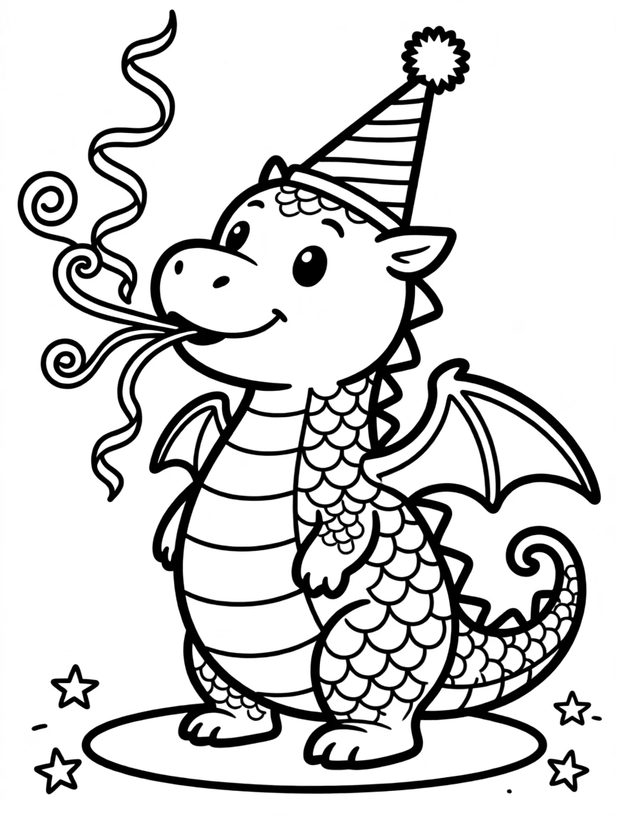 A dragon wearing a party hat, blowing party streamers.