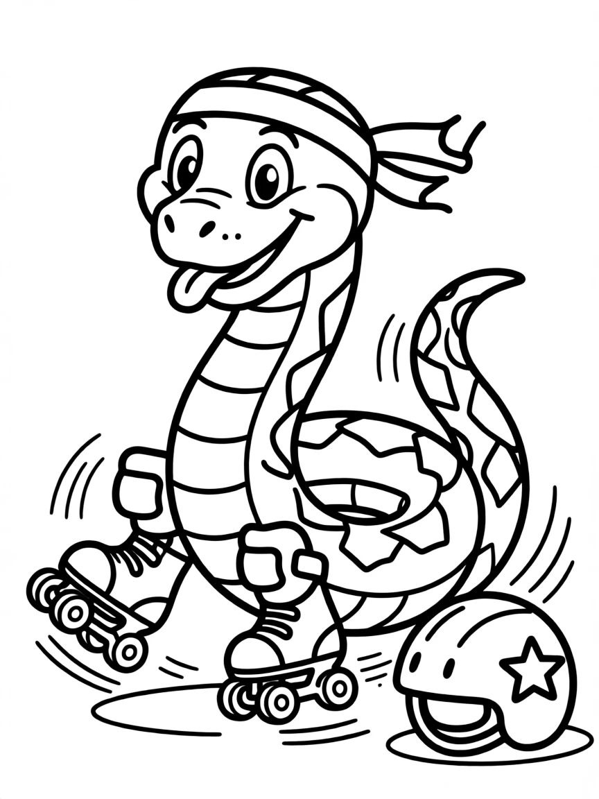 A snake wearing tiny roller skates, playing roller derby.