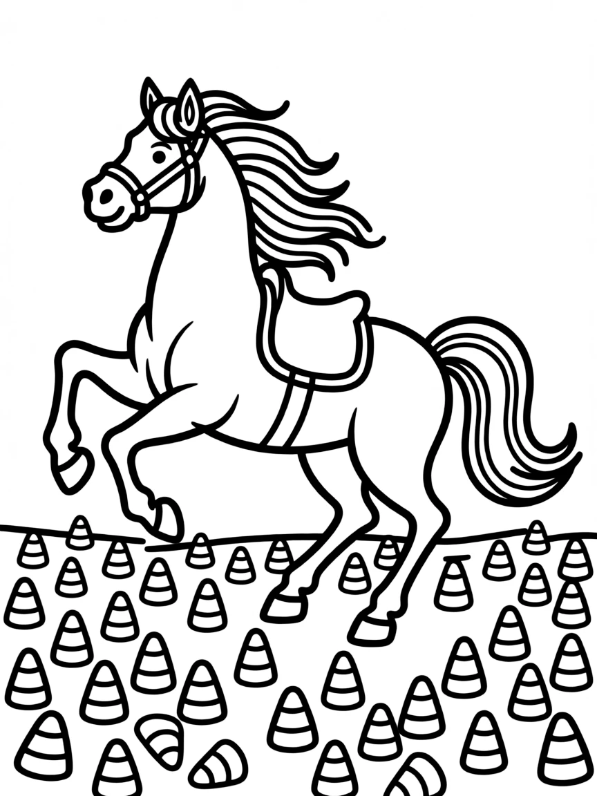 A horse with a flowing mane, prancing through a field of candy corn.
