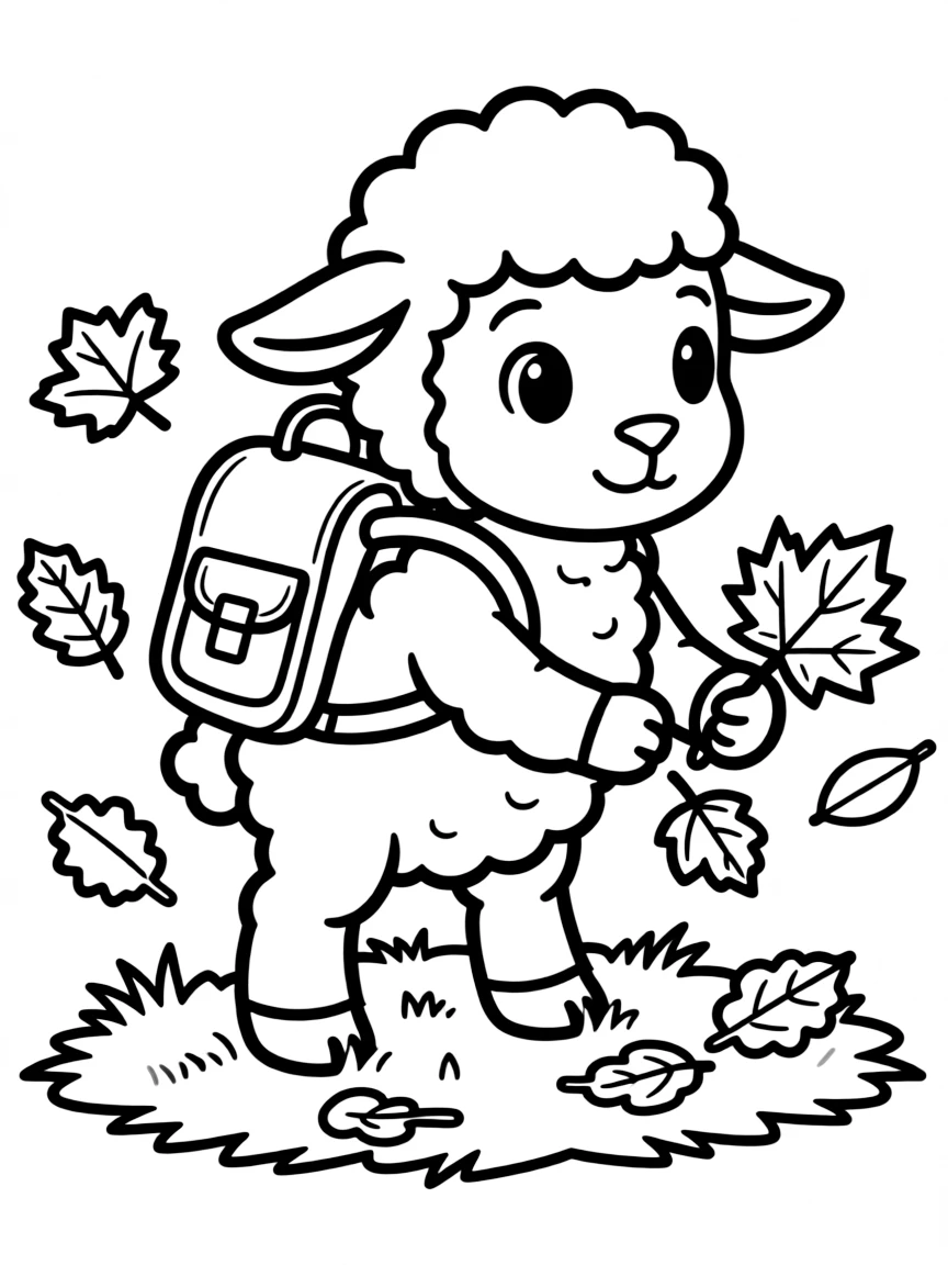 A sheep wearing a tiny backpack, collecting colorful leaves.