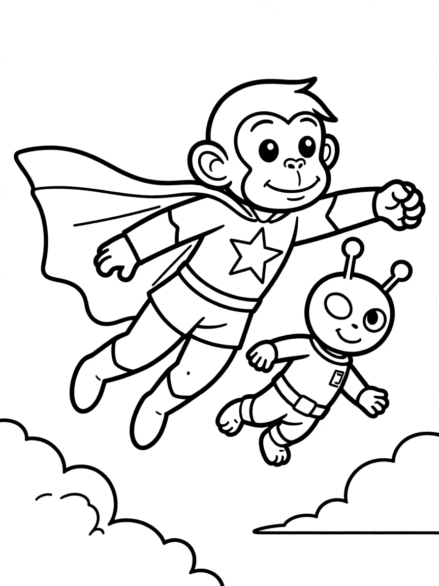 A monkey dressed as a superhero, flying with a friendly alien.