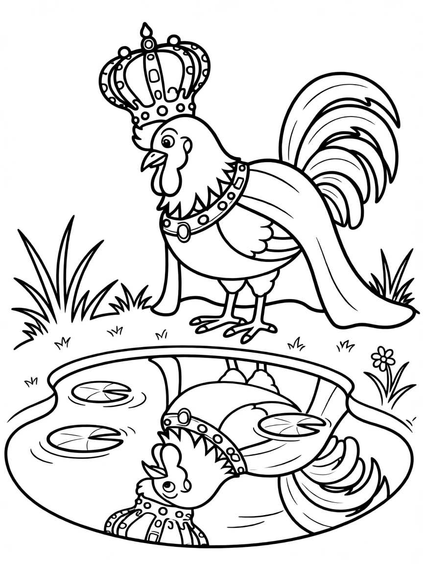 A rooster dressed as a king, looking at his reflection in a golden pond.