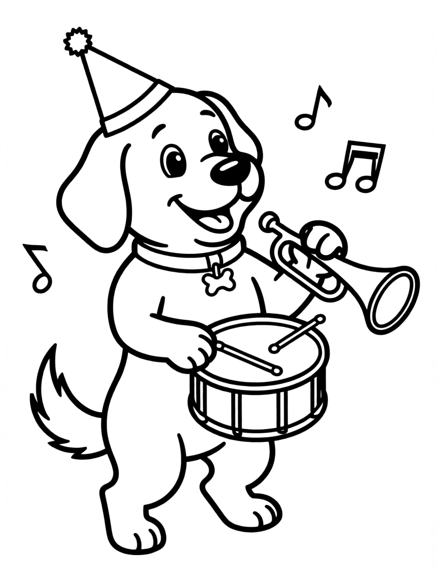 A dog wearing a tiny birthday hat, playing musical instruments.