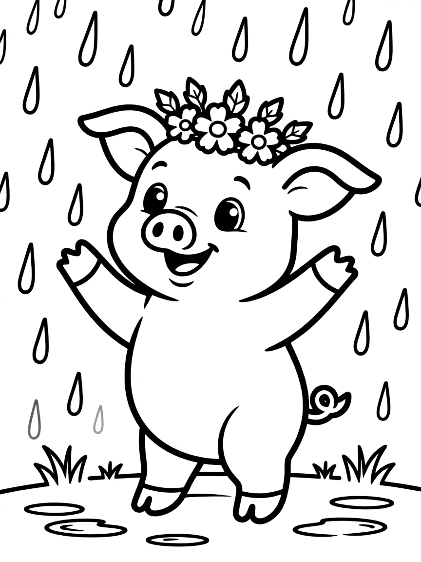 A pig wearing a tiny crown of flowers, playing in a gentle rain shower.