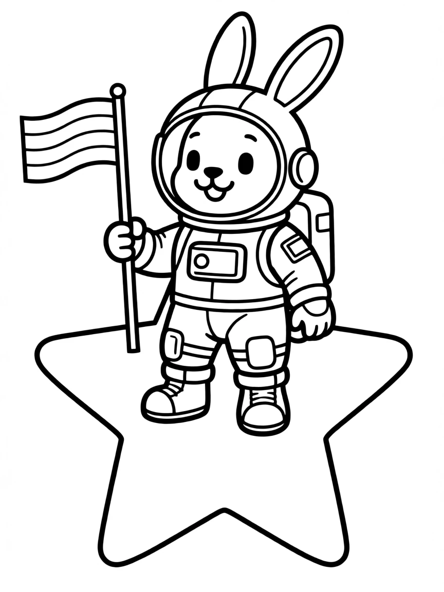 A rabbit dressed as an astronaut, planting a flag on a star.