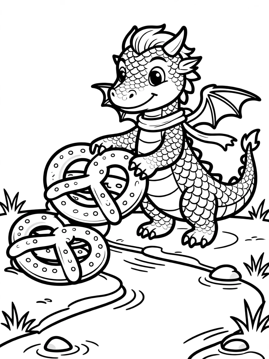 A dragon building a bridge of giant pretzels.