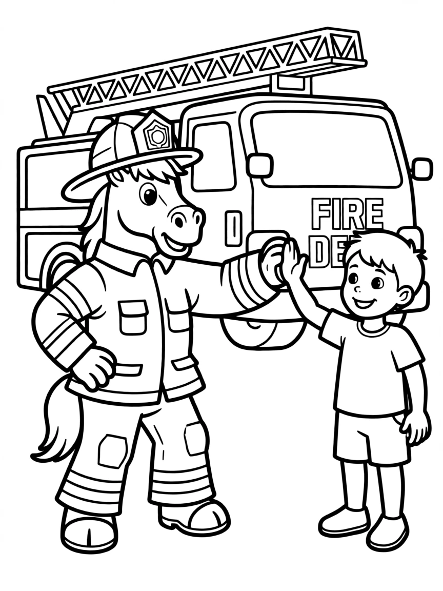 A horse dressed as a firefighter, giving a high five.
