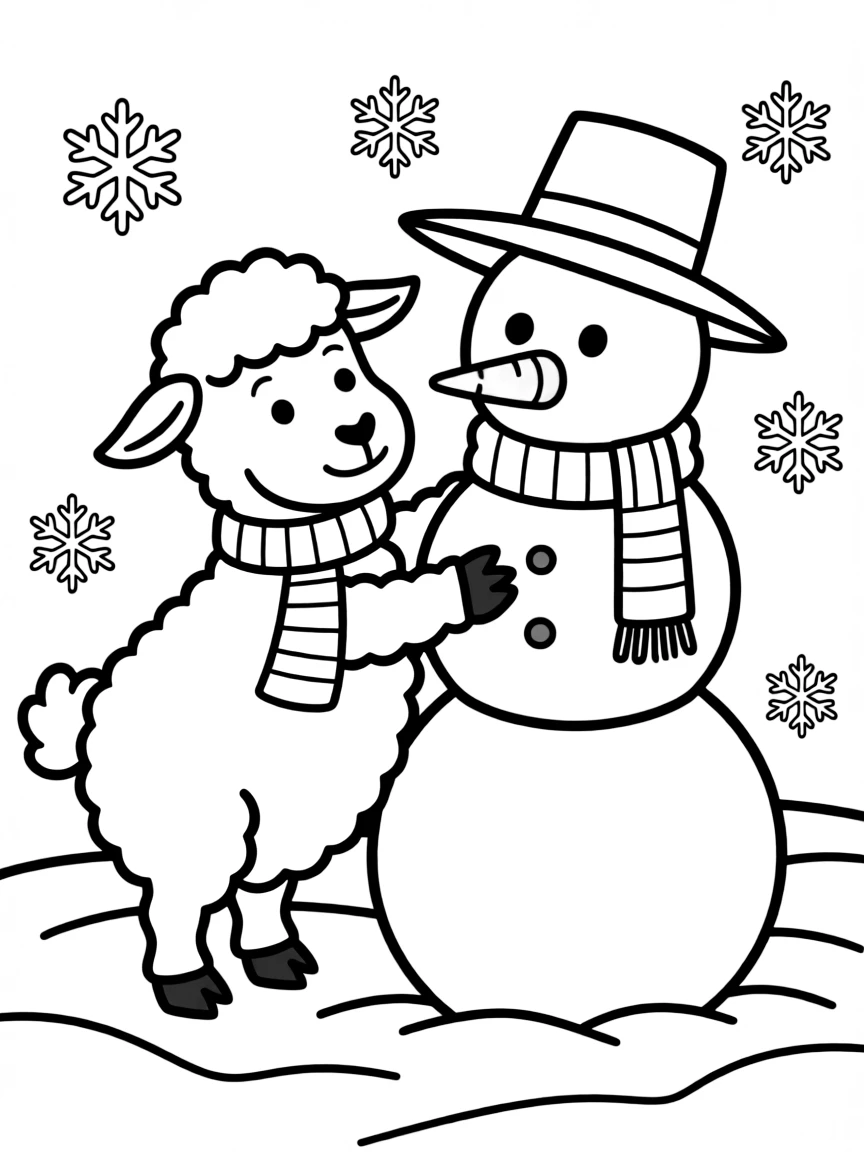 A sheep wearing a tiny scarf, building a snowman with a carrot nose.