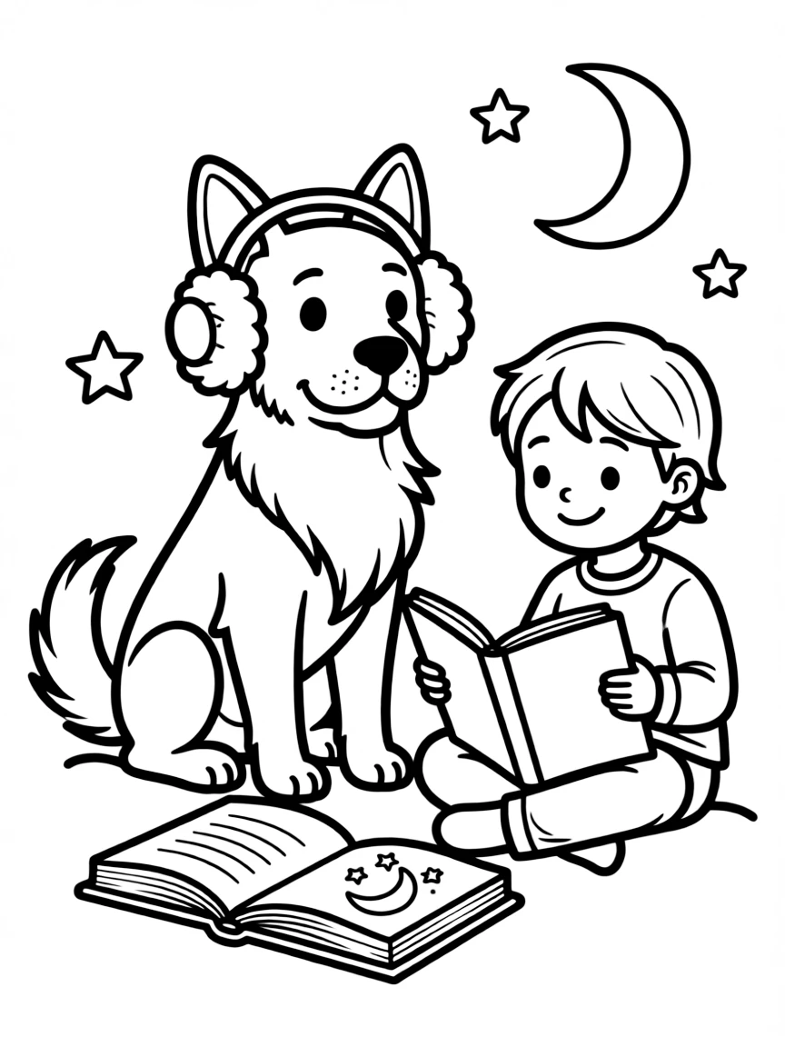 A dog wearing tiny earmuffs, listening to a bedtime story.