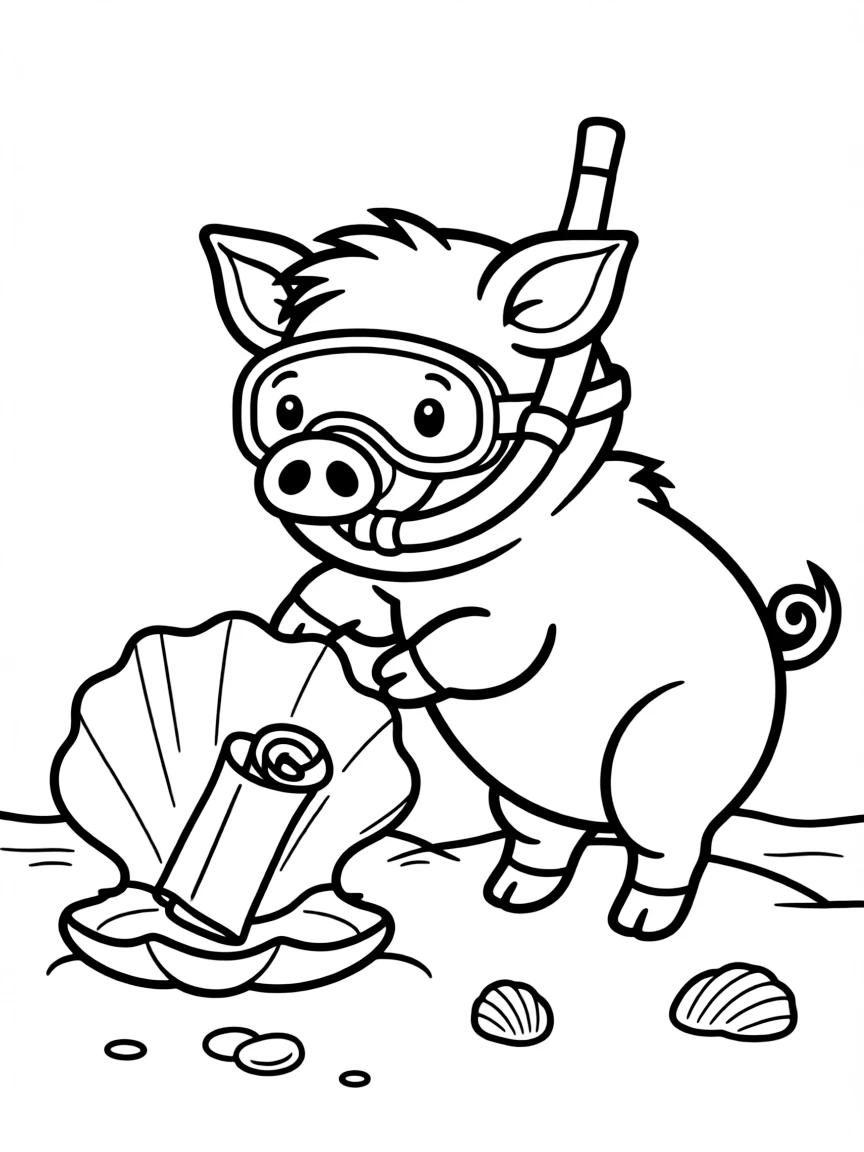 A pig wearing a tiny snorkel, finding a message in a seashell.