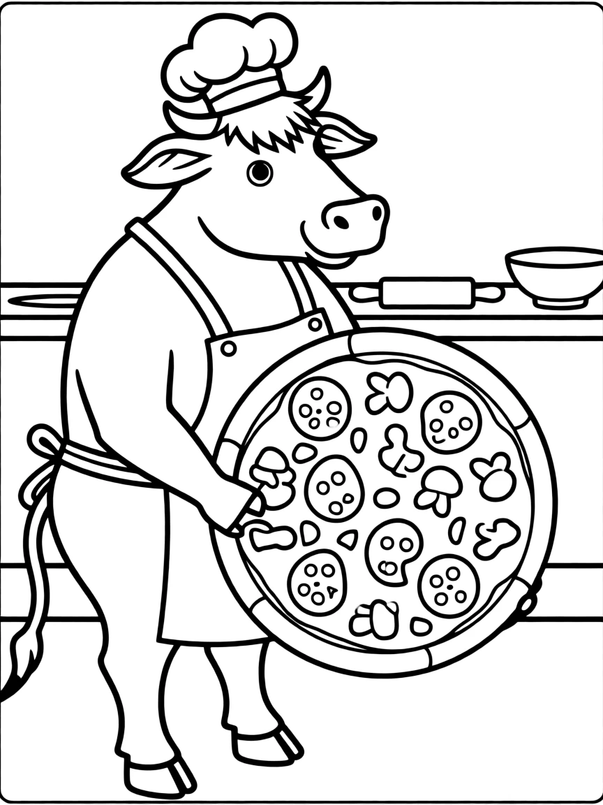 An ox wearing a tiny chef's hat, making giant pizza.