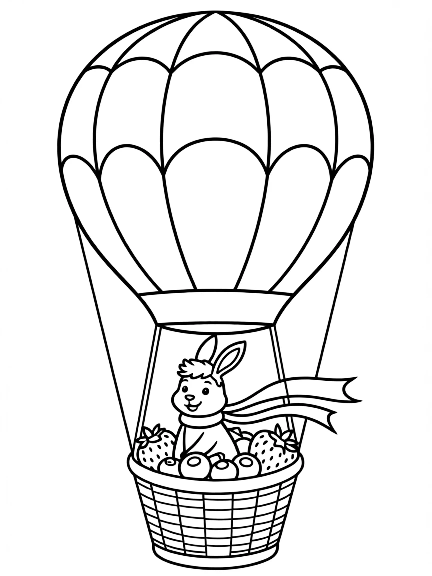 A rabbit riding a hot air balloon with a basket of berries.