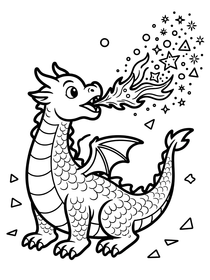 A dragon blowing fire that turns into confetti and glitter.
