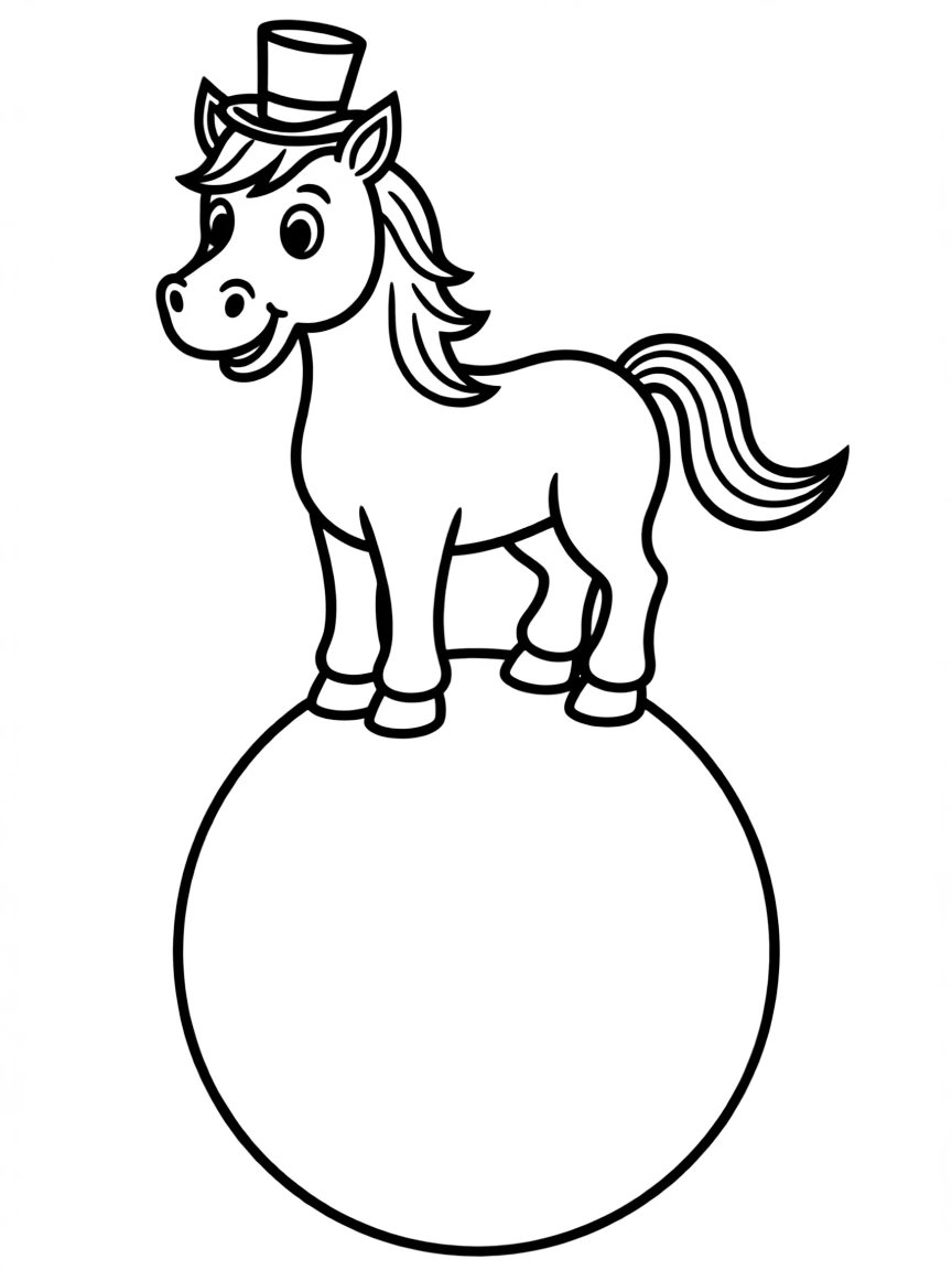A horse wearing a tiny top hat, balancing on a giant ball.