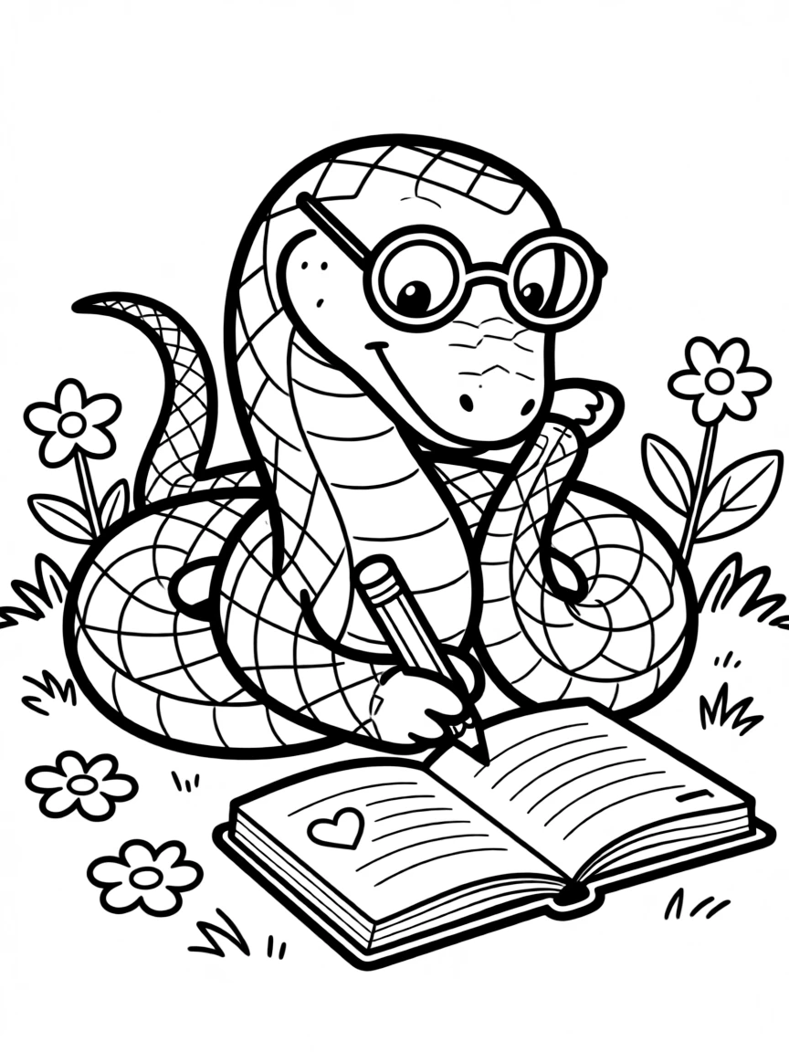 A snake wearing tiny spectacles, writing in a diary.