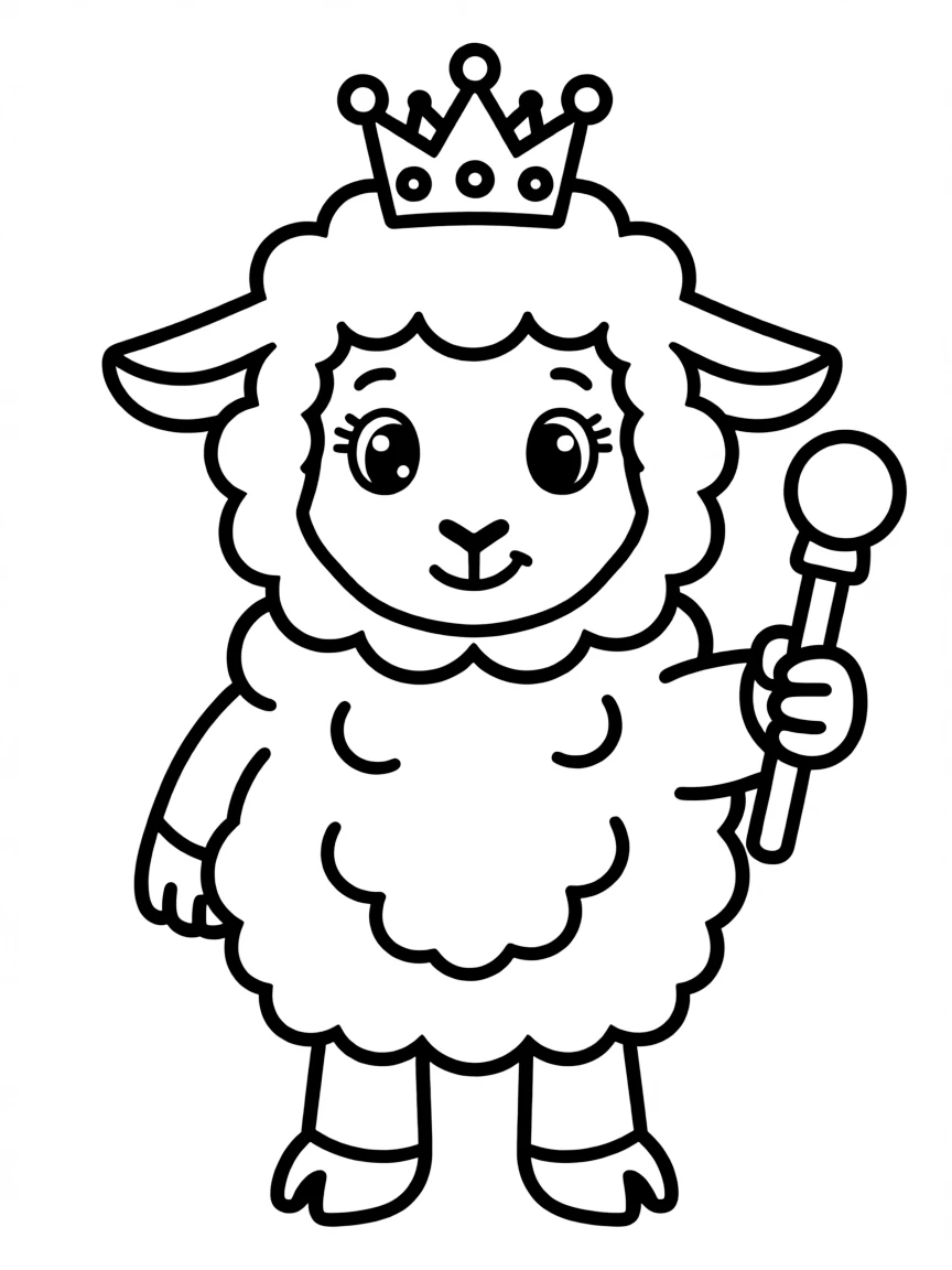 A sheep wearing a tiny crown, holding a tiny scepter.