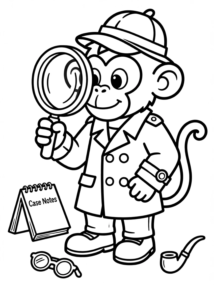 A monkey dressed as a detective, reading a magnifying glass.