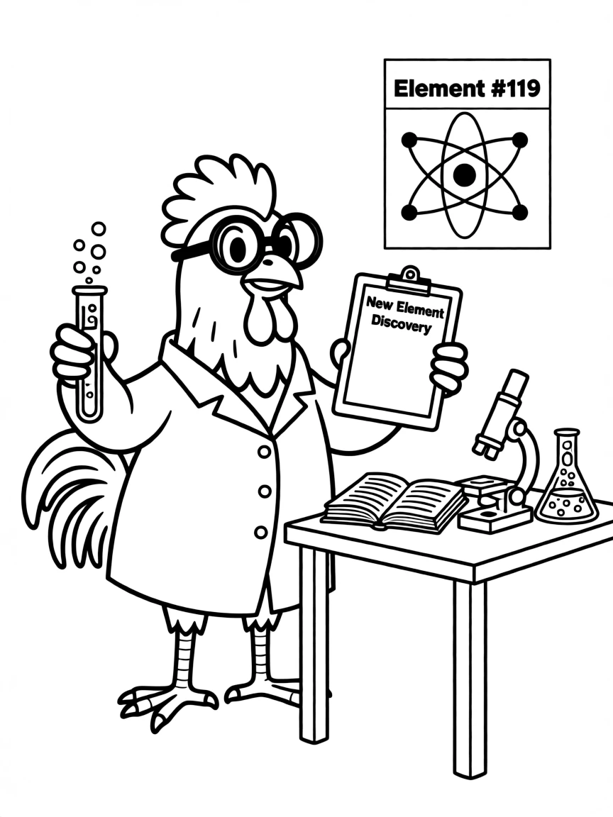 A rooster dressed as a scientist, discovering a new colorful element.