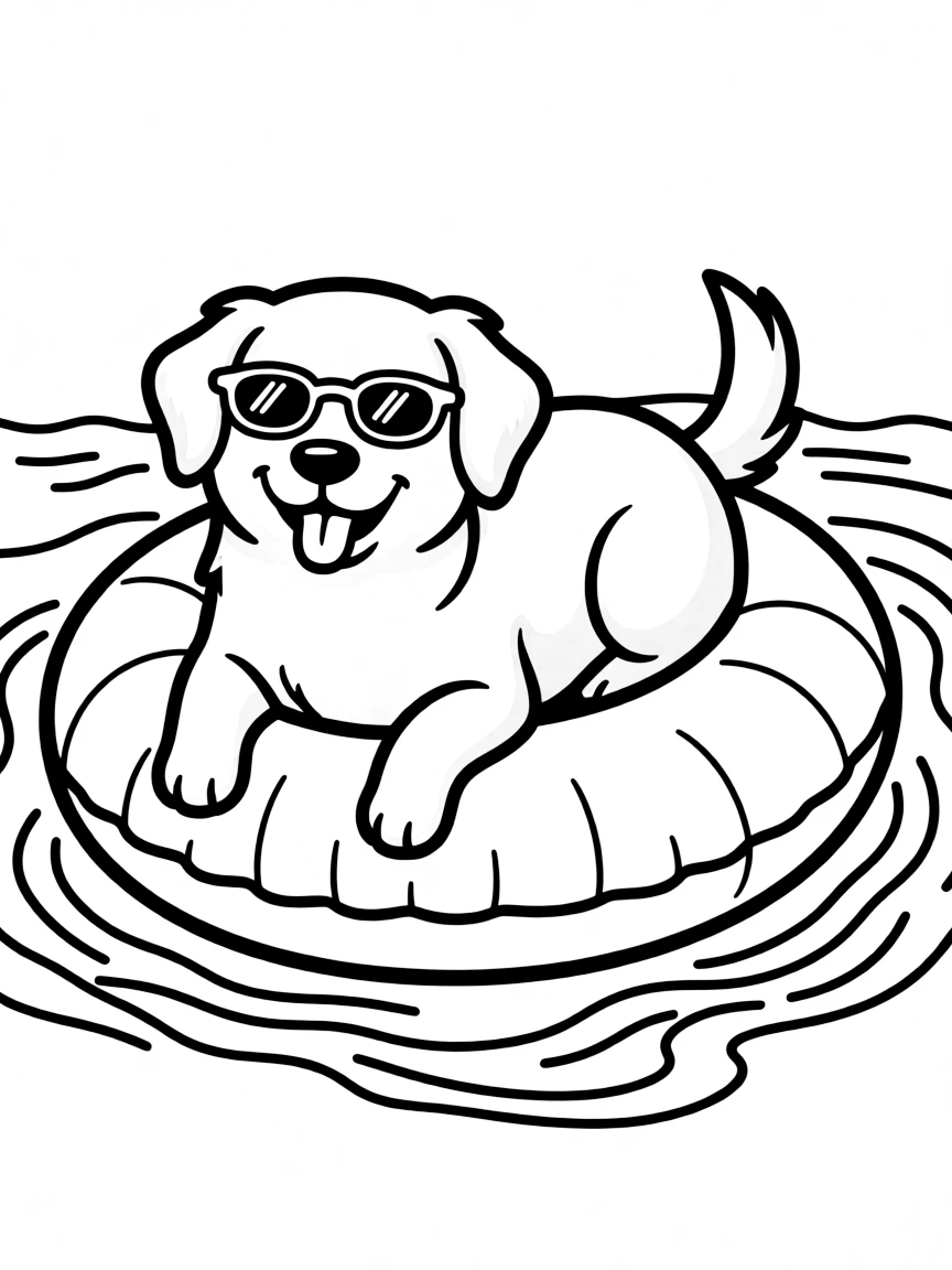 A dog wearing tiny sunglasses, chilling on a giant floatie.