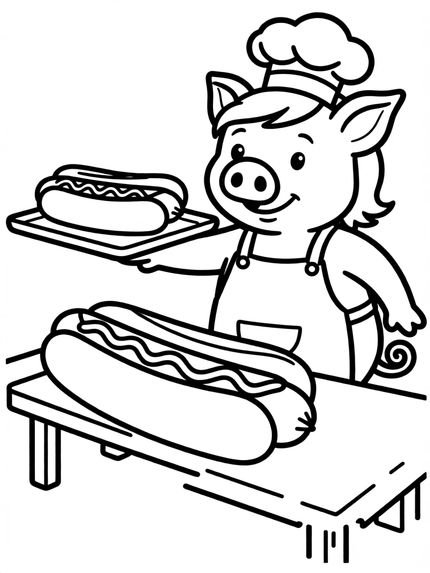 A pig wearing a tiny chef's hat, serving giant hot dogs.