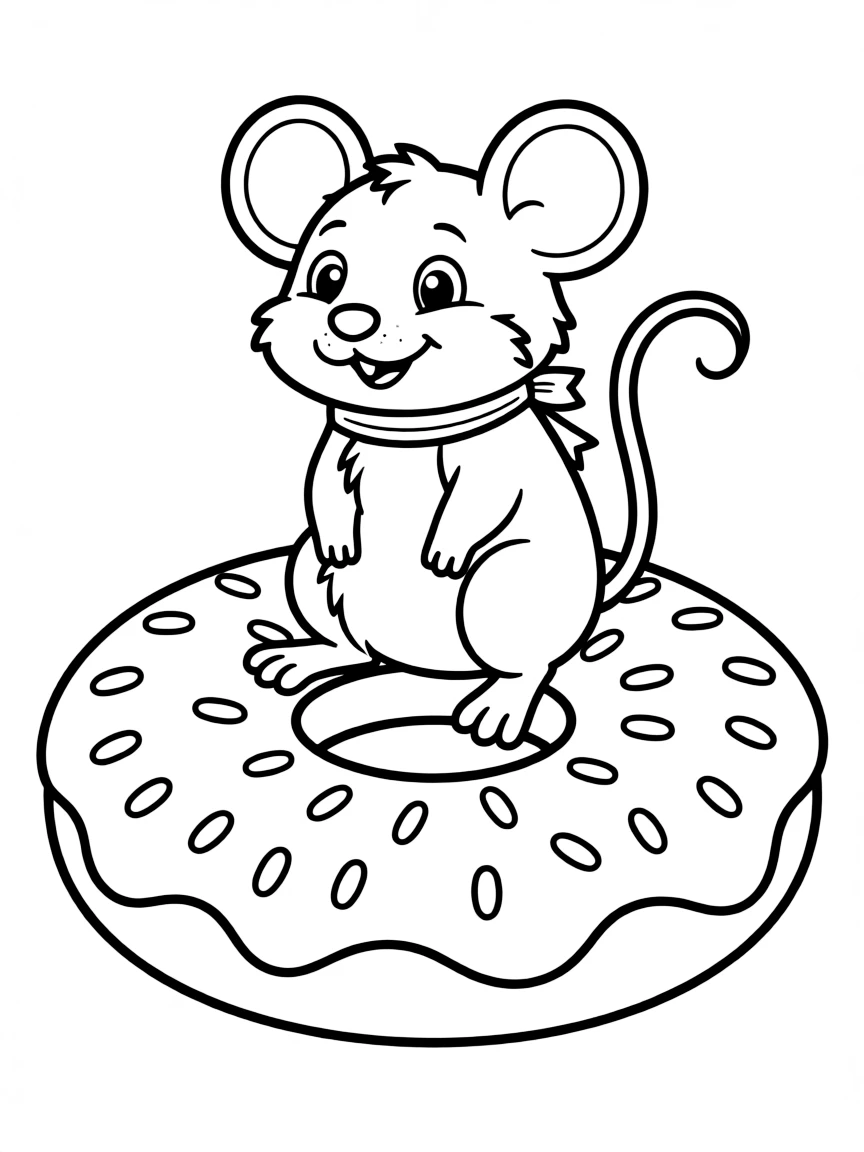 A rat sitting on a giant donut with sprinkles.