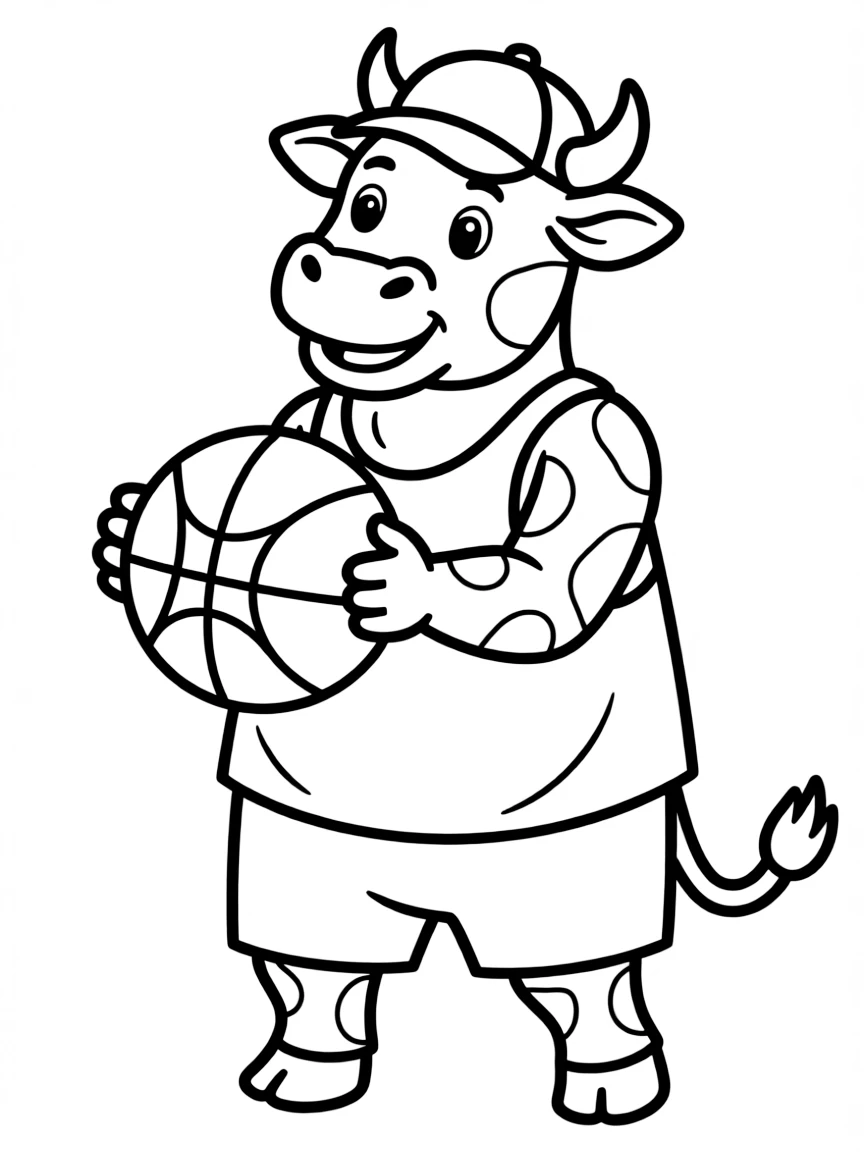 An ox wearing a tiny baseball cap, playing basketball.