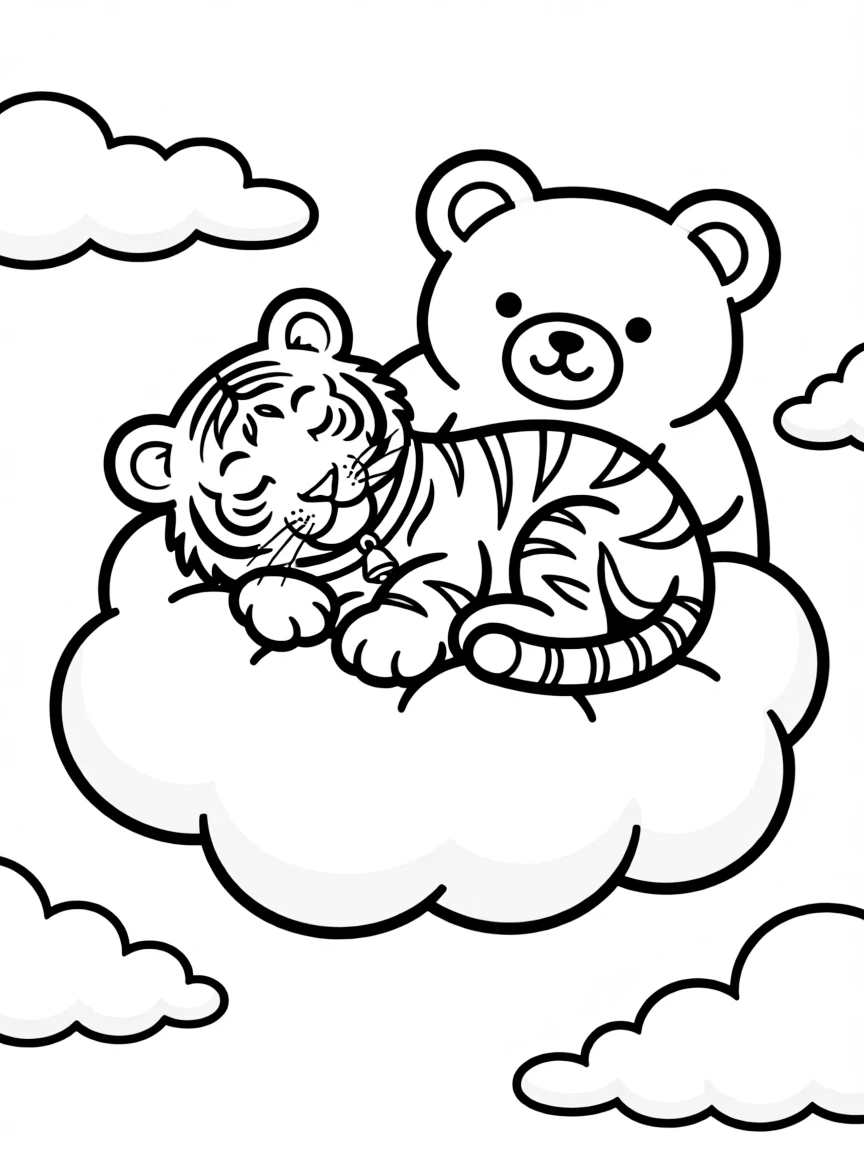A tiger cub napping in a giant, fluffy cloud shaped like a animal.