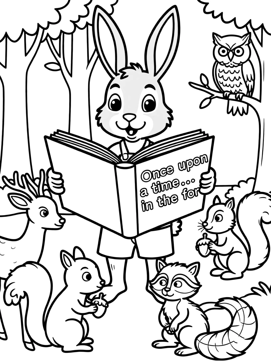 A rabbit holding a giant book, reading to forest animals.