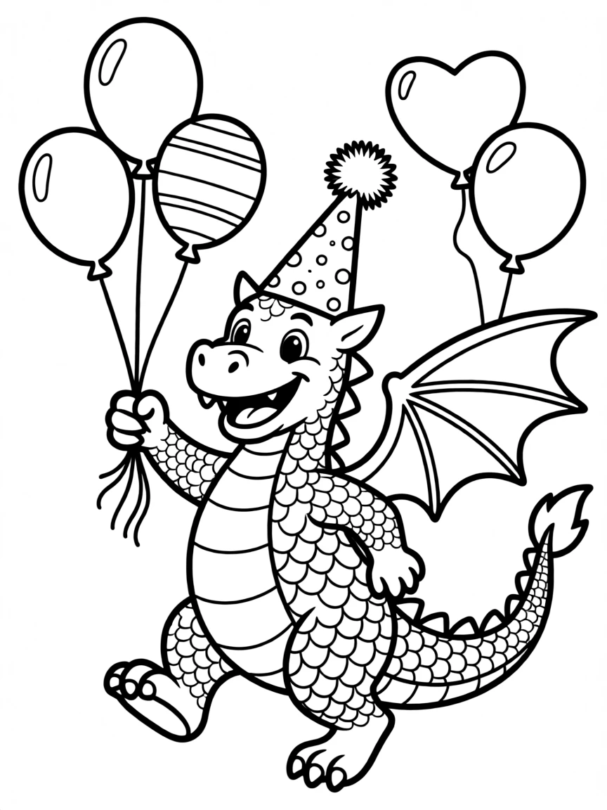 A dragon wearing a party hat, dancing with balloons.
