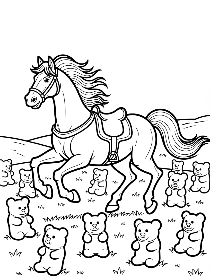 A horse with a flowing mane, galloping through a field of gummy bears.
