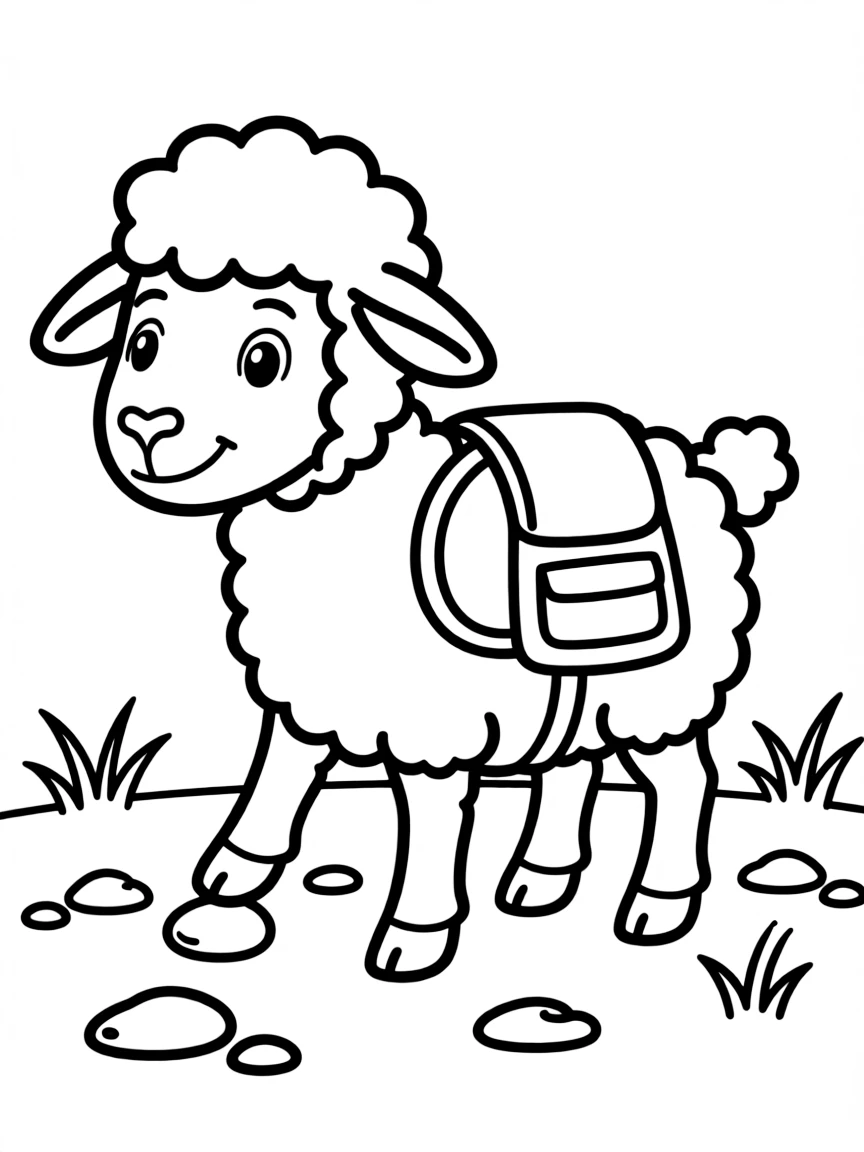 A sheep wearing a tiny backpack, collecting colorful stones.